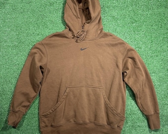 Nike Y2K Baggy Brun Hoodie Mittmonterad Swoosh Broderad Logotyp Storlek XS