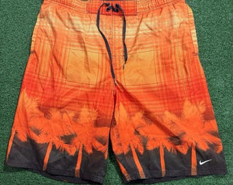 Vintage Nike Y2K Flame Orange Palms Shorts Swim Trunks Board Shorts 00s