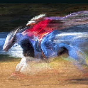 Stampa di corse di cavalli da cowgirl su tela o carta