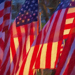 Stampa su tela o carta con bandiere americane al tramonto - Arte murale patriottica