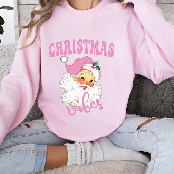 Vintage Pink Santa Shirt, Christmas Vibes Santa, Retro distressed crewneck, whimsical santa, pastel Christmas shirt, cute Santa, trendy mom