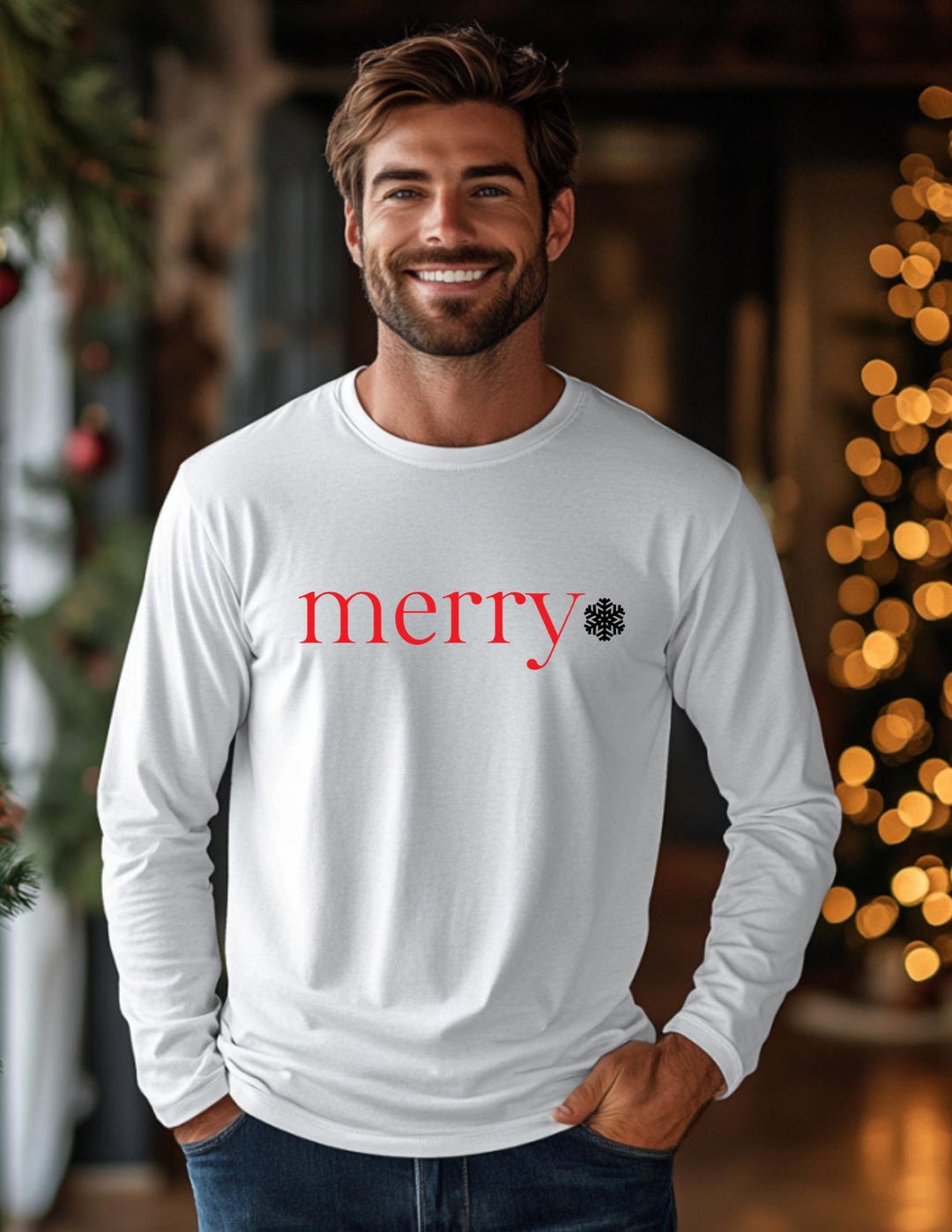 Merry Snowflake Graphic Tee, Men's Long Sleeve Christmas Shirt - Etsy