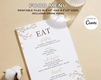 May include: A white food menu with gold floral accents and the word "EAT" at the top. The menu includes starters, main courses, side dishes, and desserts. The menu is available in 5"x7" and 8.5"x11" sizes and includes a drink menu.