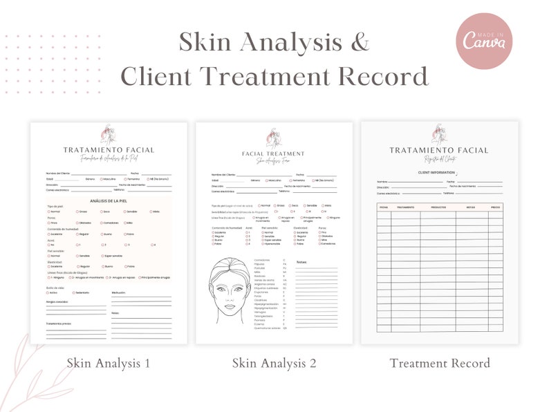 Skin Insoection Form Spanish Facial Treatment Forms: Esthetician Client Intake Templates ...