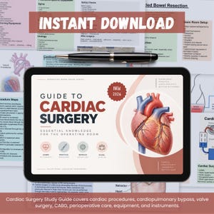 May include: A digital tablet displaying a Guide to Cardiac Surgery cover with a realistic human heart illustration, text, and icons. A black ballpoint pen rests on top of the tablet, which is placed over several printed medical reference sheets.