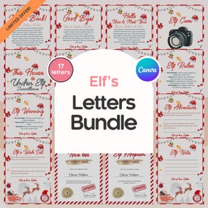 Pacote de cartas de elfo editáveis do Canva Carta de chegada de elfo Carta de despedida Certificado de adoção de elfo Relatório de elfo e modelo de cartão de regras de elfo para impressão