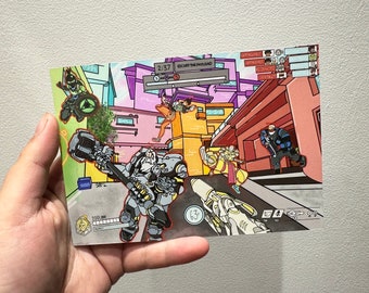 May include: A digital illustration of a video game scene. The scene is set in a city with colorful buildings. The characters are in the middle of a battle. The text "ESCORT THE PAYLOAD" is displayed at the top of the image.
