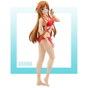 May include: A red and white swimsuit with a flower in the hair. The figure is standing with one hand on her hip and the other hand holding her hair. The background is a light blue.