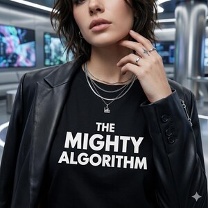 Puede incluir: Una persona lleva una camiseta negra con el texto "THE MIGHTY ALGORITHM" en blanco. La persona también lleva una chaqueta de cuero negra y varios collares plateados. Se ven anillos plateados en los dedos.