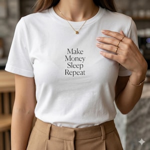 Make Money Sleep Repeat Tee | Minimalist Text Front Pocket Design