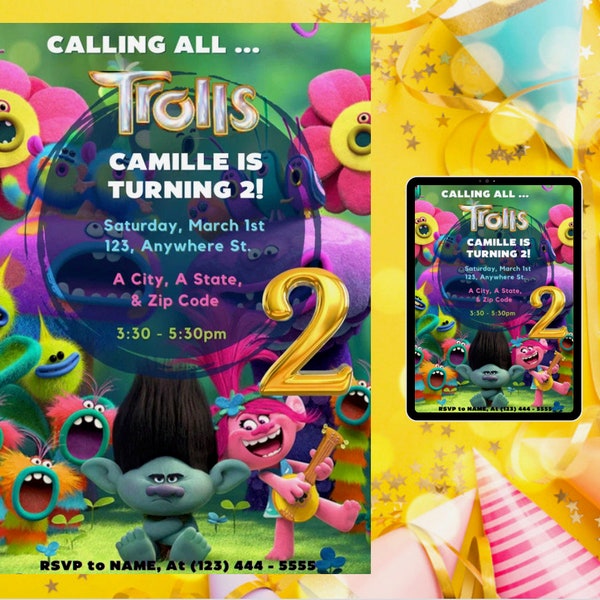 Trolls Birthday Invitation! - Editable Canva Digital Download!!