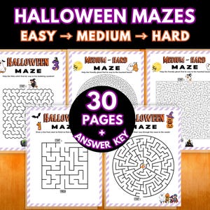 以下が含まれることがあります： ハロウィーンをテーマにした30ページの迷路アクティビティ集と解答キー。各シートには、簡単、普通、難しいとラベル付けされた様々な難易度があり、幽霊、魔女、カボチャ、コウモリのイラストが白い紙に描かれています。