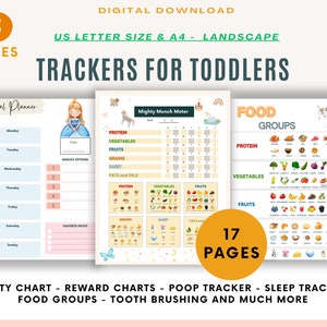 May include: A set of 17 printable pages for toddlers, featuring a meal planner, food group charts, a mighty munch meter, and a potty chart. The pages are designed with colorful illustrations and are perfect for helping toddlers learn about healthy eating and potty training.