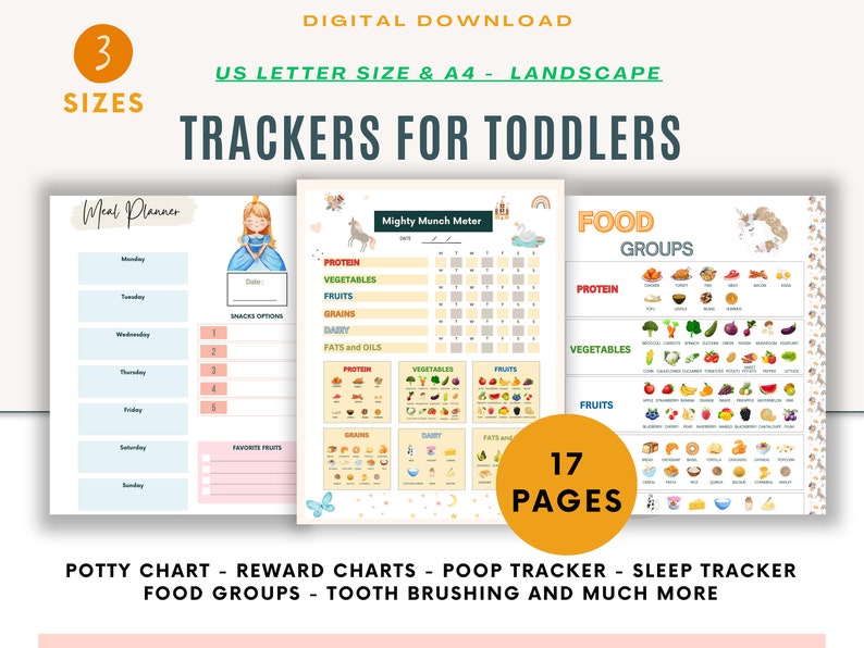 May include: A set of 17 printable pages for toddlers, featuring a meal planner, food group charts, a mighty munch meter, and a potty chart. The pages are designed with colorful illustrations and are perfect for helping toddlers learn about healthy eating and potty training.
