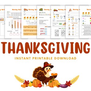 May include: Thanksgiving-themed printable worksheets with various educational activities. The image features a turkey illustration, pumpkins, and the text "Thanksgiving Instant Printable Download."