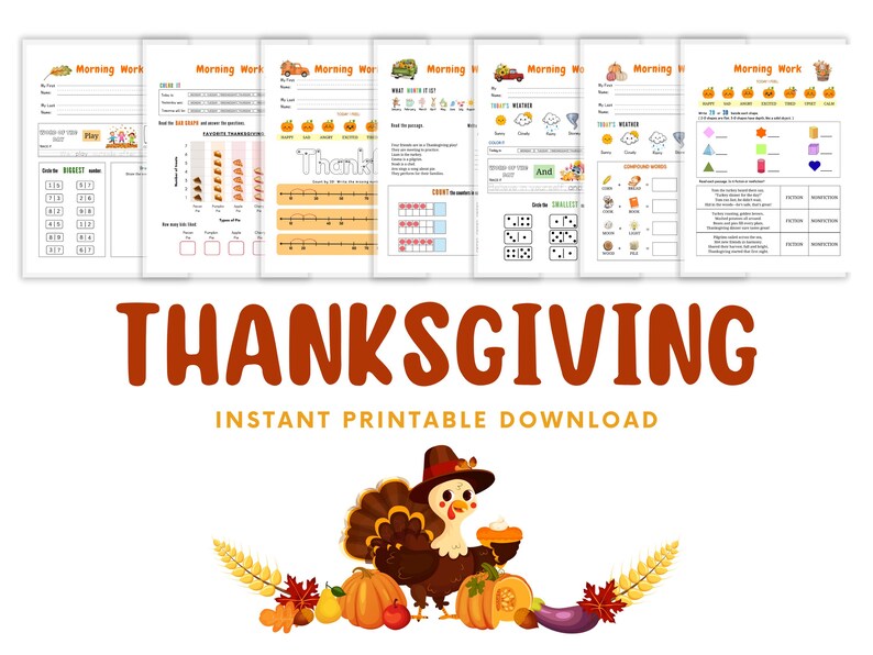 May include: Thanksgiving-themed printable worksheets with various educational activities. The image features a turkey illustration, pumpkins, and the text "Thanksgiving Instant Printable Download."