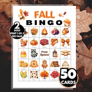 Op de afbeelding: Een herfstbingo-spelblad met een raster van vijfentwintig vakjes met aquarelillustraties van seizoensgebonden items zoals een pompoen, eekhoorn, kampvuur en eikel. De tekst luidt Fall Bingo, Free Space, 2 Sizes Print 1 Or 2 Per Page 50 Cards.