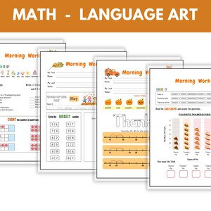 May include: A collection of four worksheets with the text "MATH - LANGUAGE ART" at the top. The worksheets feature various exercises, including counting, reading comprehension, and a bar graph about favorite Thanksgiving pies. The words "Morning Work" are also visible.