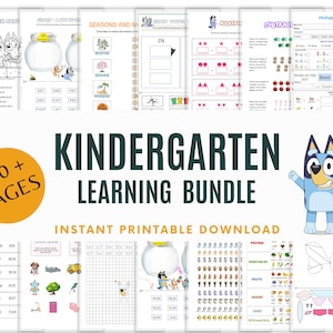 Può includere: Un pacchetto di apprendimento stampabile per l'asilo con i personaggi Bluey e Bingo. Il pacchetto include oltre 220 pagine di attività, come colorare, contare e abbinare. Il testo "KINDERGARTEN LEARNING BUNDLE" è visualizzato in grandi lettere verdi. Il testo "INSTANT PRINTABLE DOWNLOAD" è visualizzato in lettere bianche più piccole.