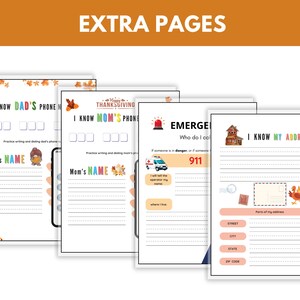 May include: A set of colorful educational worksheets for children. The pages include prompts to write down phone numbers, emergency contact information, and address details. The text "EXTRA PAGES" is at the top.