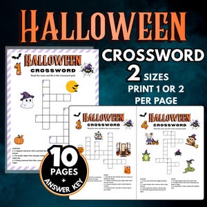 Puede incluir: Un conjunto de crucigramas de Halloween imprimibles que incluye 10 páginas y una hoja de respuestas. Las hojas presentan cuadrículas en blanco y negro con texto naranja y morado, decoradas con ilustraciones de fantasmas, murciélagos y calabazas.