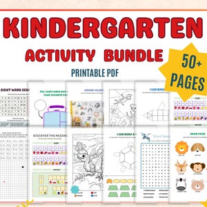 May include: A kindergarten activity bundle printable PDF featuring over 50 pages of educational worksheets. The collection includes sight word searches, drawing exercises, hidden object games, and animal-themed coloring pages with colorful graphics.