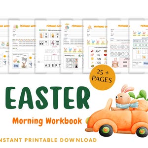 Könnte beinhalten: Ein druckbares Arbeitsbuch zum Thema Ostern mit über 25 Seiten voller Aktivitäten für Kinder. Das Cover zeigt ein Cartoon-Häschen, das ein Karottenauto fährt.