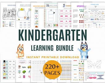 May include: A kindergarten learning bundle featuring a collection of printable educational worksheets with cartoon dog characters, math problems, word matching, and seasonal activities. The text reads Kindergarten Learning Bundle, Instant Printable Download, and 220+ Pages.