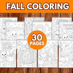 Könnte beinhalten: Eine Sammlung von 30 schwarz-weißen Ausmalbildern mit herbstlichen Motiven. Die Seiten zeigen Illustrationen von Kürbissen, Eichhörnchen, Gnomen, Sonnenblumen und Bauernhoftieren mit Texten wie "FALL COLORING", "Apple Pick", "Autumn", "Pumpkin Patch" und "Hello Fall".