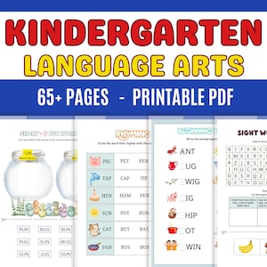 Op de afbeelding: Een digitaal educatief hulpmiddel getiteld KINDERGARTEN LANGUAGE ARTS 65+ PAGES - PRINTABLE PDF. Het document bevat diverse werkbladen, waaronder oefeningen met klinkers, woordfamilies, rijmwoorden en zoekopdrachten voor basiswoorden.