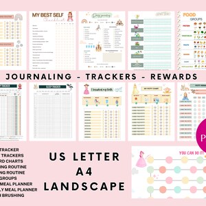 May include: A set of 17 printable pages for kids featuring a princess theme. The pages include trackers for sleep, poop, potty training, and food groups. There are also reward charts and a "You Can Do It!" chart with a princess illustration.