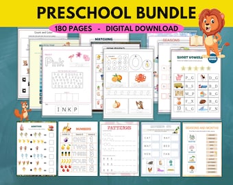 PRESCHOOL Curriculum Bundle: Homeschool Printable Worksheets, ABC's,Vowels,Beginning Sounds, Letters, Shapes, Numbers, Addition,Phonics