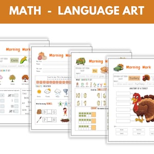 May include: Educational worksheets for math and language arts. The pages feature the text "Morning Work" and include exercises on counting, weather, and identifying seasons. The image also includes the text "MATH - LANGUAGE ART".