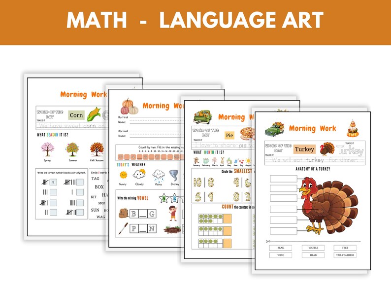 May include: Educational worksheets for math and language arts. The pages feature the text "Morning Work" and include exercises on counting, weather, and identifying seasons. The image also includes the text "MATH - LANGUAGE ART".