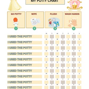 May include: A printable potty training chart with a princess theme. The chart has a title "My Potty Chart" and includes images of a toilet, toilet paper, a flushing toilet, and hands washing. The chart has a grid with days of the week and spaces to mark when the child used the potty.
