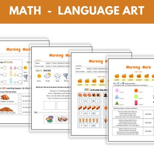 May include: A stack of four worksheets with the title "Morning Work" is displayed. The worksheets cover math and language arts, with exercises on weather, subtraction, and reading comprehension. The top of the image reads "MATH - LANGUAGE ART".