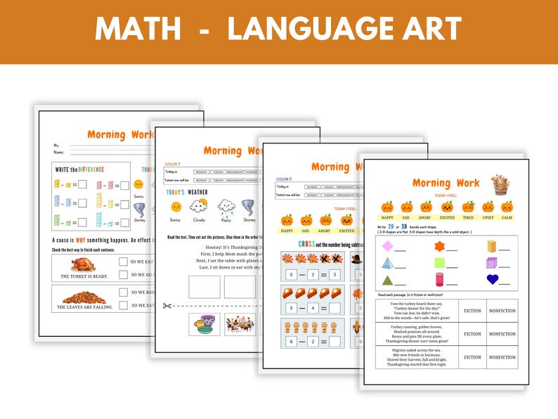 May include: A stack of four worksheets with the title "Morning Work" is displayed. The worksheets cover math and language arts, with exercises on weather, subtraction, and reading comprehension. The top of the image reads "MATH - LANGUAGE ART".