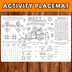 Puede incluir: Un mantel individual de actividades rectangular de color blanco con dibujos de líneas negras para colorear. Incluye un juego de encontrar las diferencias, un laberinto, una sopa de letras, un juego de palabras y una sección de preguntas con ilustraciones otoñales.