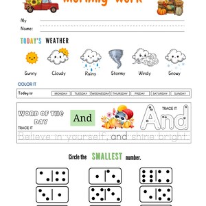 May include: A worksheet titled "Morning Work" with sections for the name, weather, and coloring. Includes illustrations of sunny, cloudy, rainy, stormy, windy, and snowy weather. Features dominoes and the word "And".
