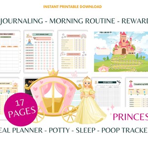 May include: A printable set of 17 princess-themed charts for children. The charts include a meal planner, potty reward chart, morning routine chart, sleep tracker, and poop tracker. The charts feature a pink and gold carriage, a princess, and a castle.