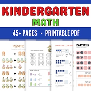 Puede incluir: Un documento PDF imprimible titulado KINDERGARTEN MATH con más de 45 páginas. Las páginas incluyen actividades educativas como rectas numéricas, sumas con ilustraciones de dinosaurios, comparación de números y secuencias de patrones.