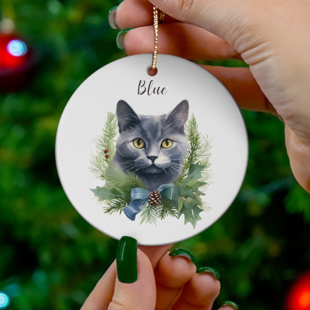 Cat Christmas Ornament, Custom Cat Memorial Ornament, Russian Blue Cat