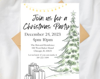 May include: A white Christmas party invitation with a hand-drawn illustration of a green Christmas tree with presents underneath. The text reads "Join us for a Christmas Party, December 24, 2023, 4pm-10pm, The Howard Residence, 440 West Baker Road, Chicago, IL 60671, Let us know if you can make it, 319-222-5499."