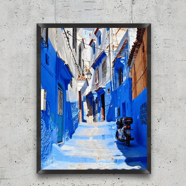 Laneways of Chefchaouen with Motorcycle Print, Rustic Street Photography, Moroccan Street Art, Blue City Digital Instant Download