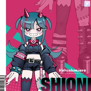 May include: A digital illustration of a cartoon character with blue hair, red horns, and a black and blue outfit. The character is wearing a black jacket with a white "PUNK" patch on the sleeve, a black belt with a silver buckle, and black shorts. The character is also wearing a red bow tie and a red and white keychain that says "MONSTER". The background is pink with a white and black pattern.