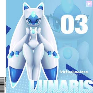 Puede incluir: Ilustración digital de un personaje de estilo anime blanco y azul con pelo largo y fluido y orejas de gato. El personaje tiene detalles azules y está etiquetado como "LUNARIS" con el número "03" en el fondo. También está presente el texto "Virtualumiere".