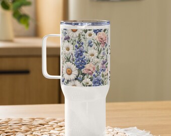 Flower of the Month thermos. April. Large travel mug w/ handle (25 oz). Moms gift. Mothers Day. Birthday. Personalized gift. Travel mug.