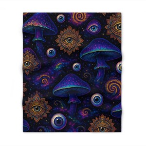 May include: A psychedelic blanket featuring a repeating pattern of vibrant blue and purple mushrooms, stylized eyes, and swirling galaxies against a dark background. The design incorporates intricate details and a cosmic theme, creating a visually striking and artistic textile.