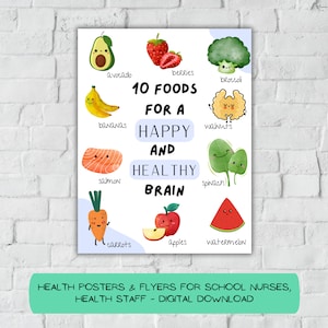 Healthy Foods Poster for School Nurses, Healthy Foods for Kids, Foods for a Happy and Healthy Brain, School Nurse Poster