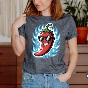 Cool Chili Pepper Shirt, Funny Graphic Tee with Sunglasses on Icy Fire, Casual Cartoon Design Unisex T Shirt